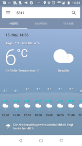 Screenshot Google Weather mit "Gefühlte Temperatur 3°"